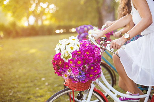 Beautiful woman on a bicycle with a basket full of flowers