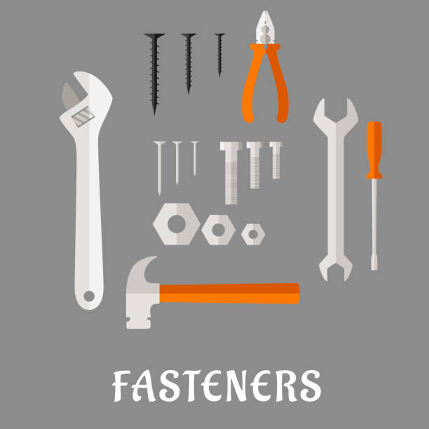 ilustrações, clipart, desenhos animados e ícones de prendedores e ferramentas de ícones plana - adjustable wrench wrench orange hand tool