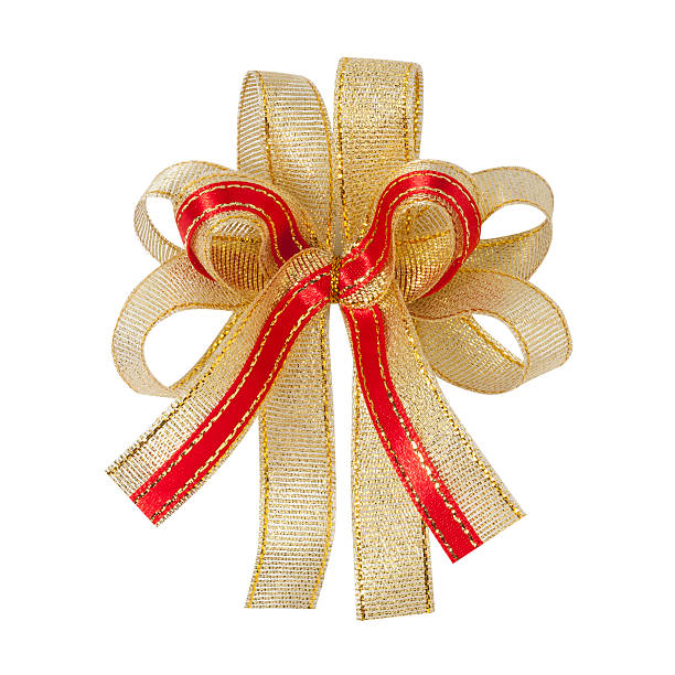 istock Gold and red bow ribbon isolated on white 491335432