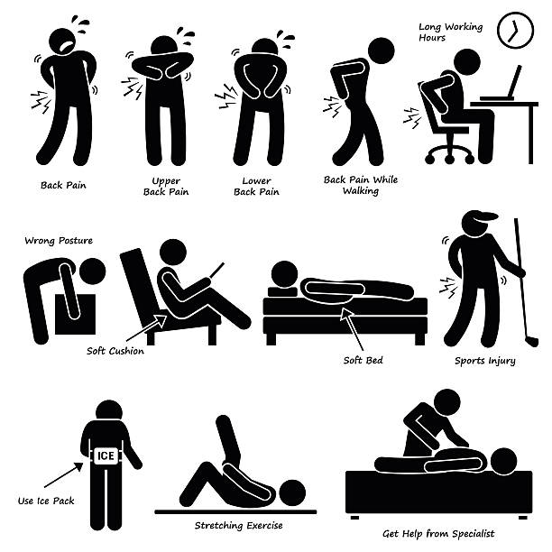 illustrations, cliparts, dessins animés et icônes de dos douleur mal de dos pictogram - backache pain physical injury sport