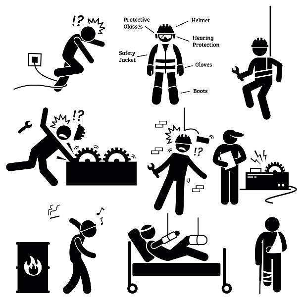 Occupational Safety and Health Worker Accident Hazard Pictogram Human pictogram and icons depicting occupational safety and health act for construction workers in workplace site. It is also showing the necessary protective gear for a worker. industry silhouettes stock illustrations