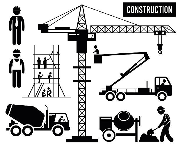 Construction Heavy Industry Equipments Pictogram Human pictogram and icons depicting heavy and large construction vehicles and equipments such as scaffolding, tower crane, truck mixer, and sky lift truck. concrete silhouettes stock illustrations