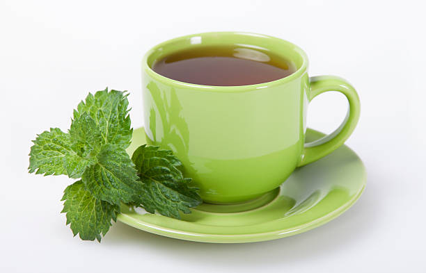 Green cup of  tea with lemon balm herb  . stock photo