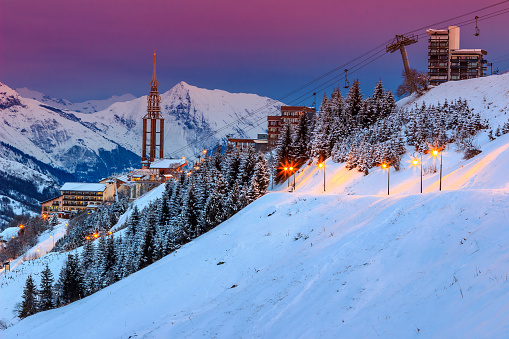 Stunning sunrise and ski resort in the French Alps,Europe