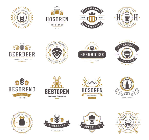 zestaw piwo logo, odznaki i etykiety w stylu vintage - brewery beer barley cereal plant stock illustrations