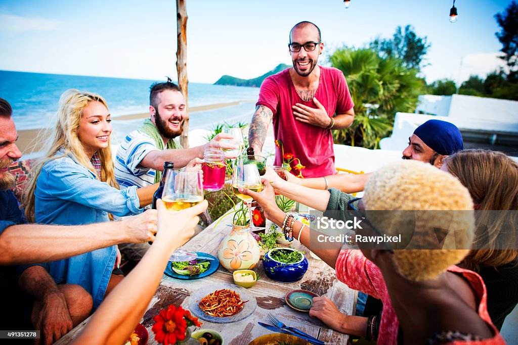 Beach Cheers Celebration Friendship Summer Fun Dinner Concept 2015 Stock Photo