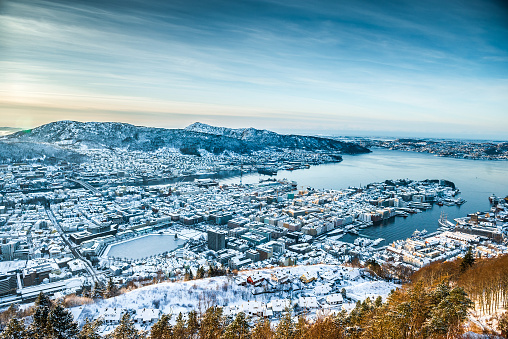 Sunset on the mountain top in Bergen. Norway