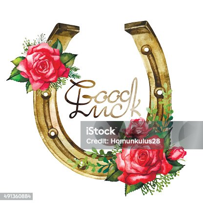 istock Watercolor horseshoes in golden color with red roses design 491360884