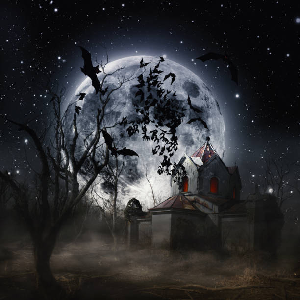 istock Halloween - Haunted crypt with Moon and Bats 491361920