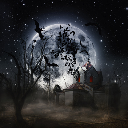 Halloween - Haunted crypt with Moon and Bats