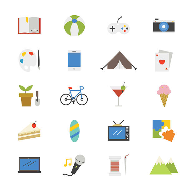 illustrazioni stock, clip art, cartoni animati e icone di tendenza di hobby e attività di icone di colore piatto - bicycle playing cards