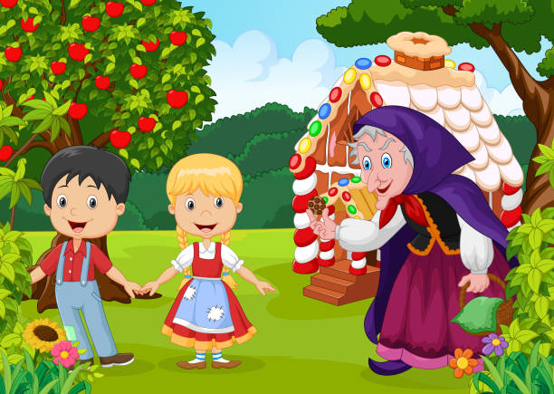 ilustrações, clipart, desenhos animados e ícones de classic crianças história hansel gretel - fairy tale house witch candy