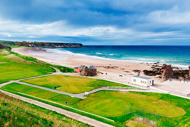 Cullen Sands, Scotland Cullen Sands and the local golf course, on the North Grampian coast of Scotland on a day of fairly typical weather. AdobeRGB colorspace. Here is an image of the town centre: moray firth stock pictures, royalty-free photos & images