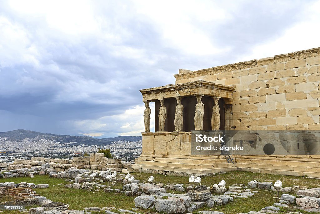Erectheion, caryatids 파노라마처럼 펼쳐지는 도시, Athens, Greece - 로열티 프리 UNESCO-조직된 단체 스톡 사진
