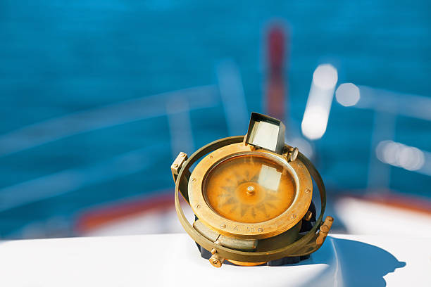 Nautical Compass Photo of boat, focus on the nautical compass. nautical compass stock pictures, royalty-free photos & images