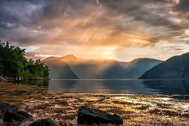 Dramatic sunset over the Sognefjord in Norway.