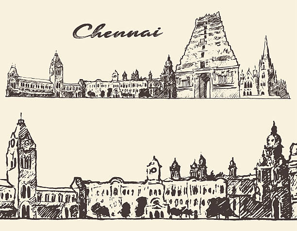 Chennai engraved illustration hand drawn sketch Chennai big city architecture vintage engraved illustration hand drawn sketch hindu temple india stock illustrations