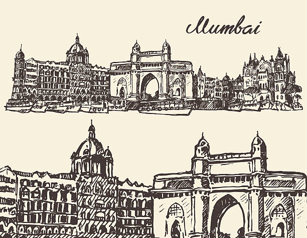 ilustrações, clipart, desenhos animados e ícones de mumbai horizonte o desenho de ilustração de vetor vintage - bombaim