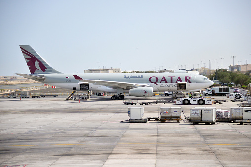 Doha, Qatar - Mar 21 2014: Qatar Airways Airplane at Doha International Airport