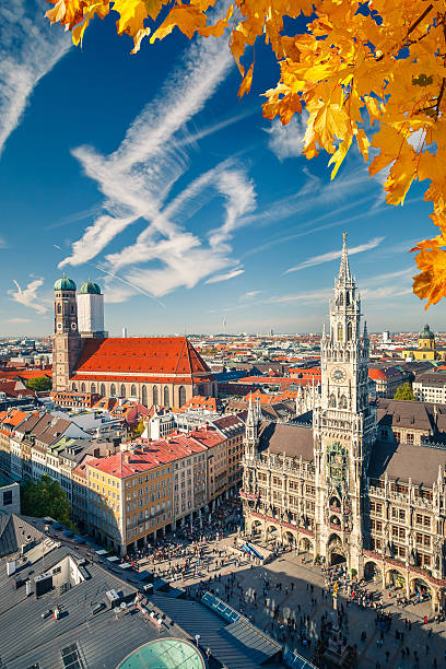 Aerial view of Munchen Aerial view of Munchen: Marienplatz, New Town Hall and Frauenkirche munich cathedral photos stock pictures, royalty-free photos & images