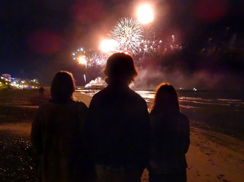 Image of family silhouettes watching seaside fireworks display on beach