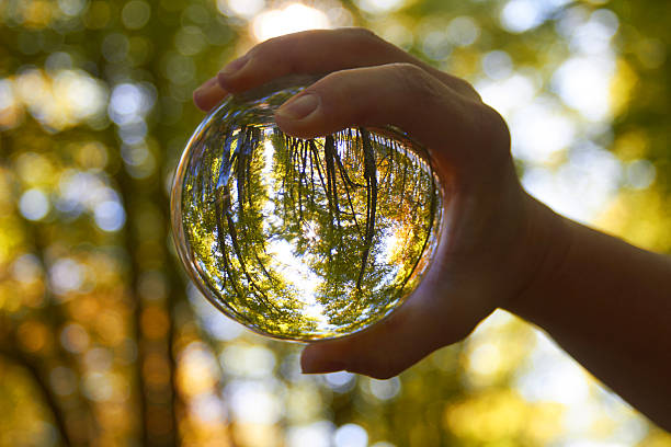 boule de cristal - transparent crystal crystal ball human hand photos et images de collection