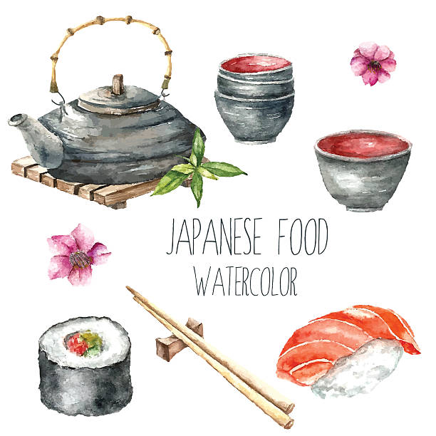 ilustrações de stock, clip art, desenhos animados e ícones de aguarela comida japonesa - green tea tea tea cup cup