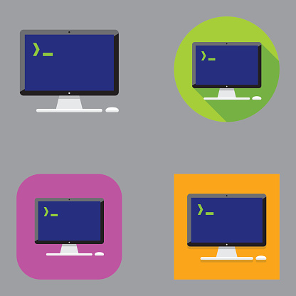 Flat computer with command prompt icon set over different background shapes and colors.