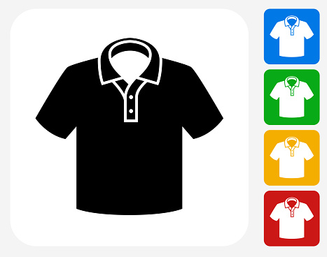 Polo Shirt Icon. This 100% royalty free vector illustration features the main icon pictured in black inside a white square. The alternative color options in blue, green, yellow and red are on the right of the icon and are arranged in a vertical column.