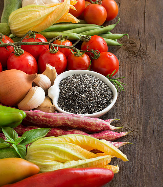 istock Raw chia seeds in bowl and vegetables 491427298