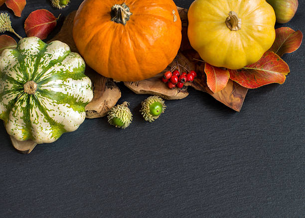 istock Autumn background - Pumpkins, acorns, leaves and berries 491428004