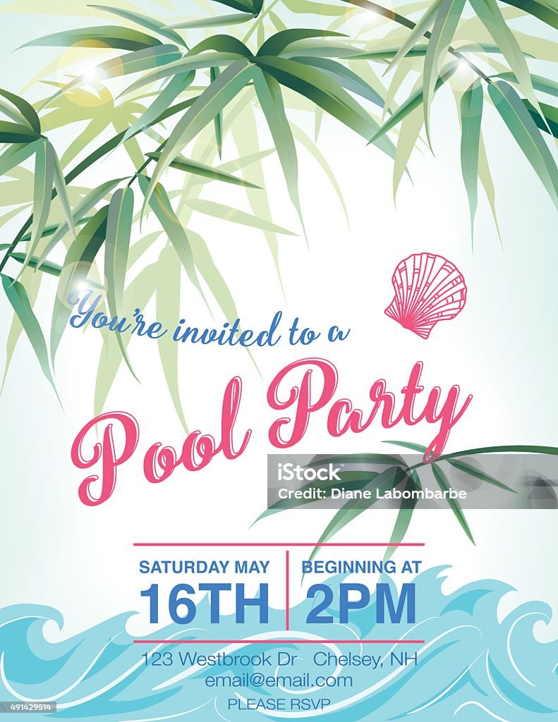 Pool Party Invitation Template With Palm Trees Invitation template for a pool party or beach party. has palm trees and beach umbrellas and waves. The top has lens flares shining through the tree tops. Text is in the center of the card. Pool Party stock vector