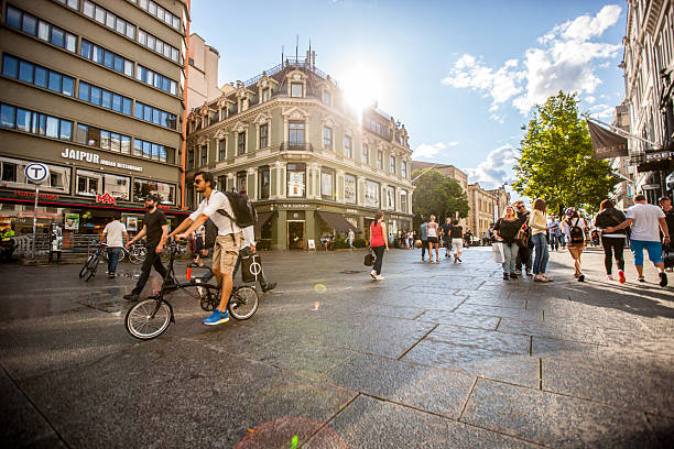 Busy street in Oslo city center, Norway stock photo
