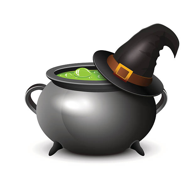 Witch hat, pot of boiling potion on white background Witch hat, pot of boiling potion on white background bewitchment stock illustrations