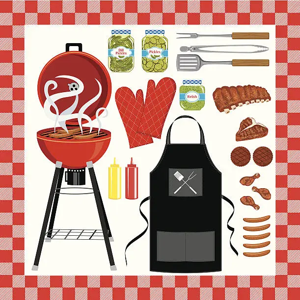 Vector illustration of BBQ Grilling Set With Seamless Check Pattern