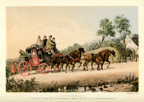 Vintage engraving of a stagecoach arriving at the top pf a hill in Penmaenmawr, Conwy, Wales