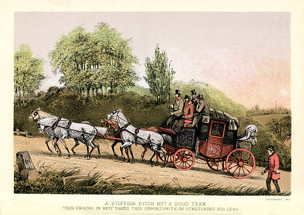 Vintage engraving of a stagecoach going up a steep road
