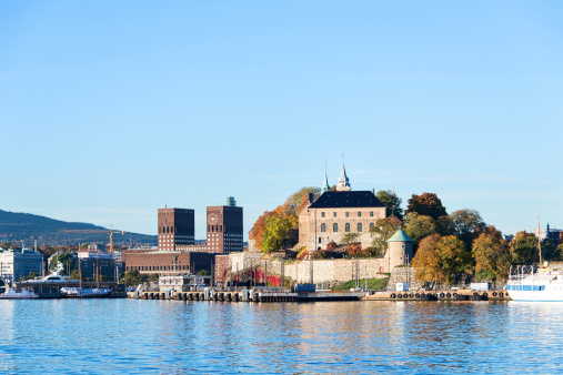 Akershus Fortress and City Hall (Radhuset) at autumn, Oslo, Norway