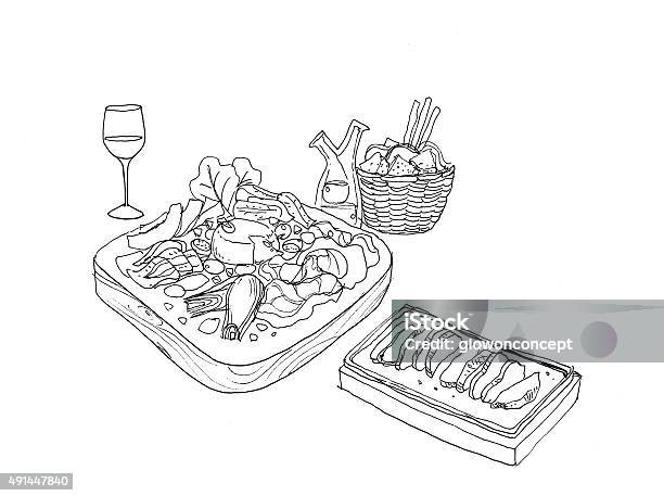 Italian Appetiser Parma And Cheese Set With Wine And Bread Stock Illustration - Download Image Now