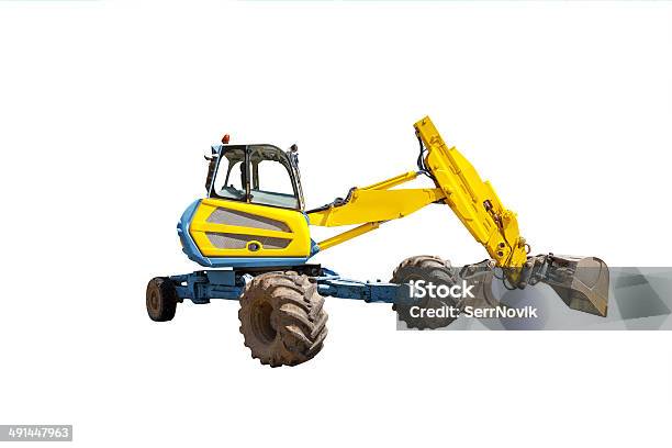 Yellow Excavator On The White Background Stock Photo - Download Image Now - Activity, Agricultural Machinery, Backhoe