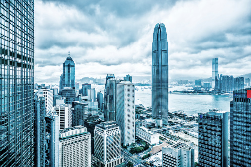 Hong Kong financial district, Victoria Harbour between Hong Kong Island and Kowloon, view from Victoria Peak, Hong Kong