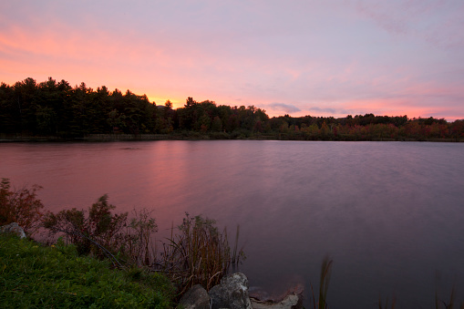 Twilight view of Pontoosuc Lake in Pittsfield, Massachusetts.