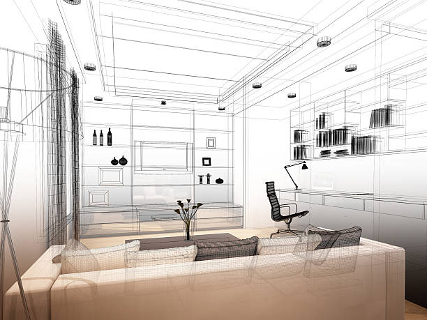 istock sketch design of living ,3dwire frame render 491449985