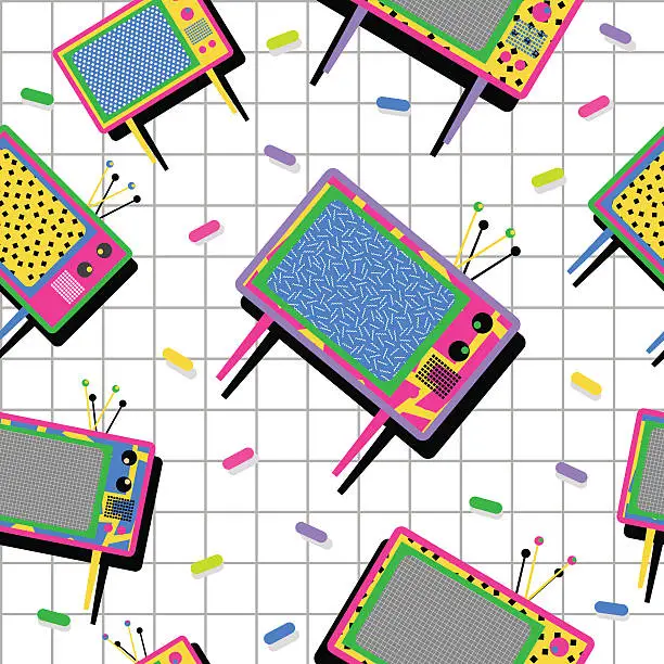 Vector illustration of Retro vintage 80s tv seamless pattern background