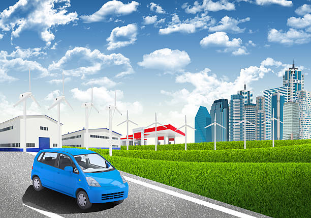 Road, skyscrapers and industrial area Road, skyscrapers and industrial area. The architectural concept The Role of Eco Vehicles in Disaster Resilience stock pictures, royalty-free photos & images