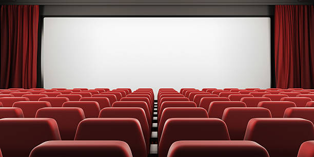 istock Cinema screen with red seats and open curtain. 3d. 491463820