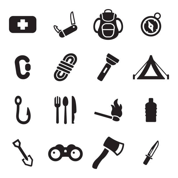 ilustraciones, imágenes clip art, dibujos animados e iconos de stock de íconos de kit de supervivencia - kitchen utensil instrument of measurement spoon isolated