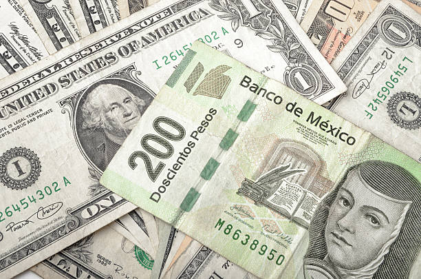 Dollar and Mexican Pesos Bills Dollars and Mexican Pesos assorted bills cash pile background mexican currency stock pictures, royalty-free photos & images
