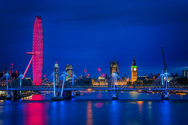 London cityscape along river Thames with Big Ben at dusk London panorama of Millenium wheel, Big Ben with the Houses of Parliament and Hungerford and Golden Jubilee bridges over river Thames at dusk. river thames stock pictures, royalty-free photos & images