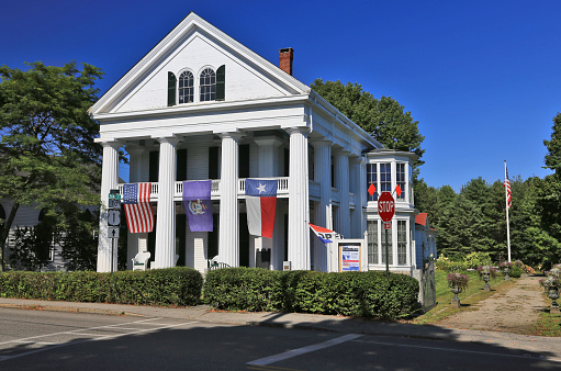 DeKalb, Illinois - United States - August 15th, 2023: Exterior of the historic Glidden House, built in 1861, on a beautiful Summer morning.